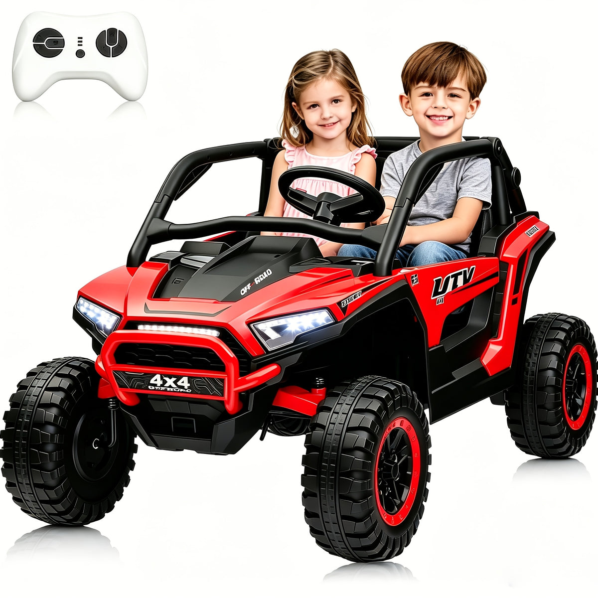 24V Ride-On Car, 2-Seater XL 4X4 Off-Road UTV with Powerful Motors, Remote Control, Music, LED Lights, 20" Wide Seat, 24 Volt Ride-On Toys for Big Kids