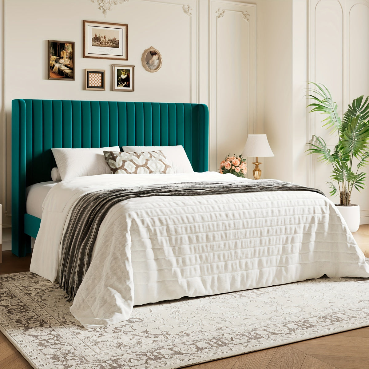 WEEWAY Wingback Velvet Upholstered Platform Bed Frame, Vertical Channel Tufted Headboard, Wooden Slats Support, Heavy Duty Mattress Foundation, No Box Spring Needed, Easy Assembly, Avabliable Full/Queen/King Size, Free Shipping