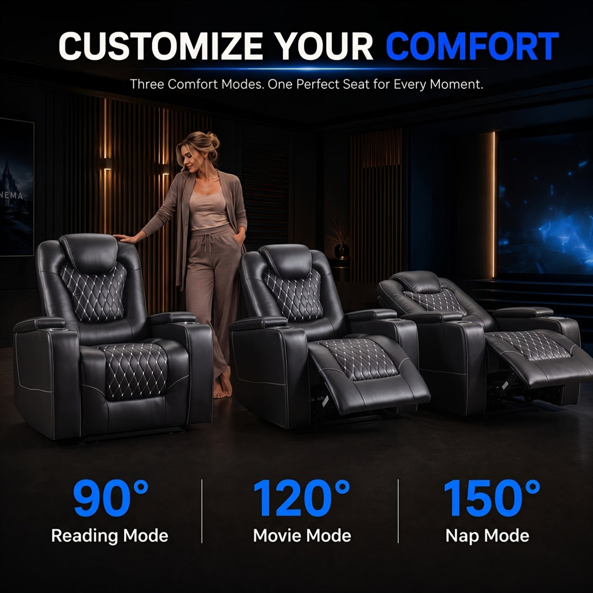 Power Recliner Chair with USB Ports And Cup Holders - Overstuffed Electric Home Theater Seating Faux Leather Reclining Furniture with Hidden Arm Storage, Easy to Clean (Black)