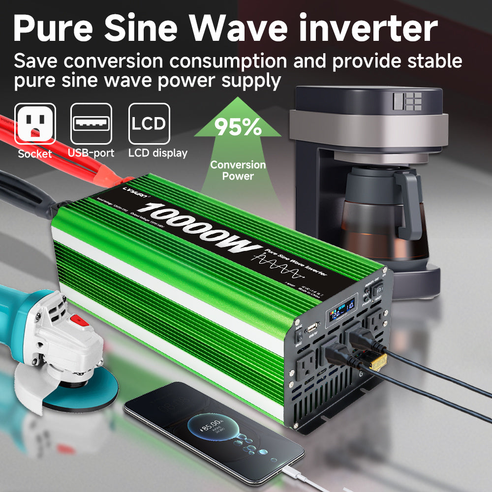 Pure Sine Wave Inverter 10000 Watt (Peak) Vehicle Power Inverter, Converts 12 Vdc to 110 Vdc to 120 Vdc, with LCD Display, Remote Control and Troubleshooting, 4 US Sockets for Car Onboard Chargers, for Home Solar Systems, RV's, and Vans, without Batteries