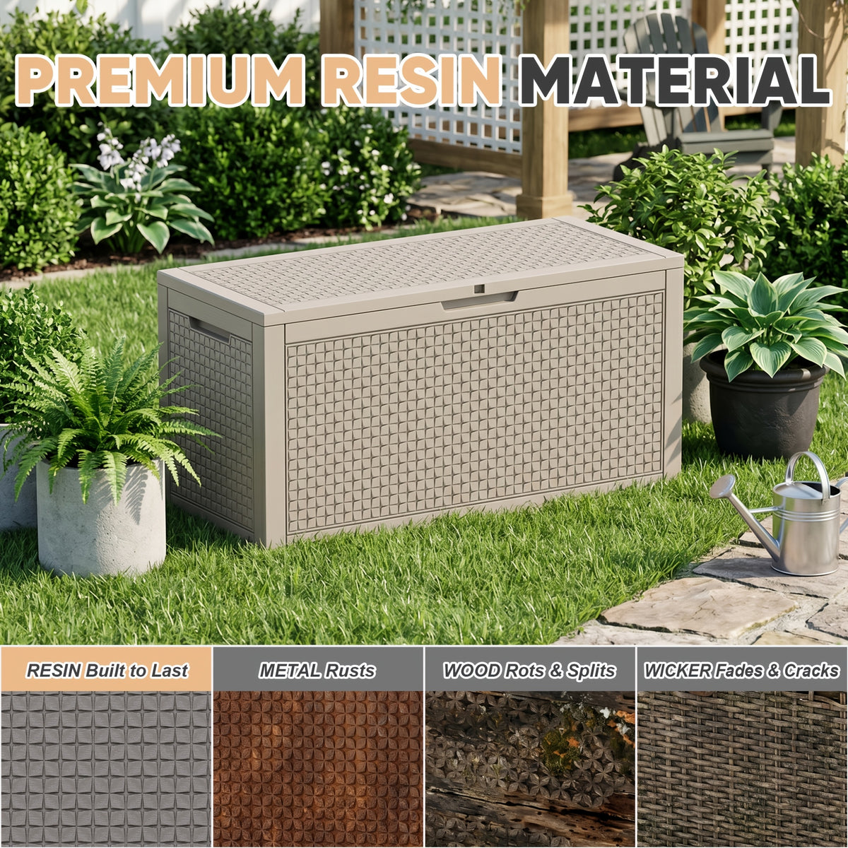 Outdoor Deck Box, 120-Gallon Lockable Resin Storage Chest with Rattan Look for Patio and Pool Supplies