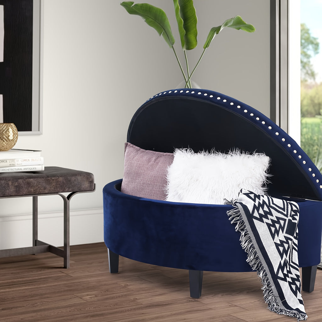 43.5" Velvet Storage Bench with Button Tufting Rivet Details Half Moon Ottoman for Living Room, Bedroom, Or Entryway Sturdy Hardwood Frame, Hidden Storage, Elegant Design, Living Room Seating Elegant Velvet Bench Velvet Upholstery, Bench for Bedroom