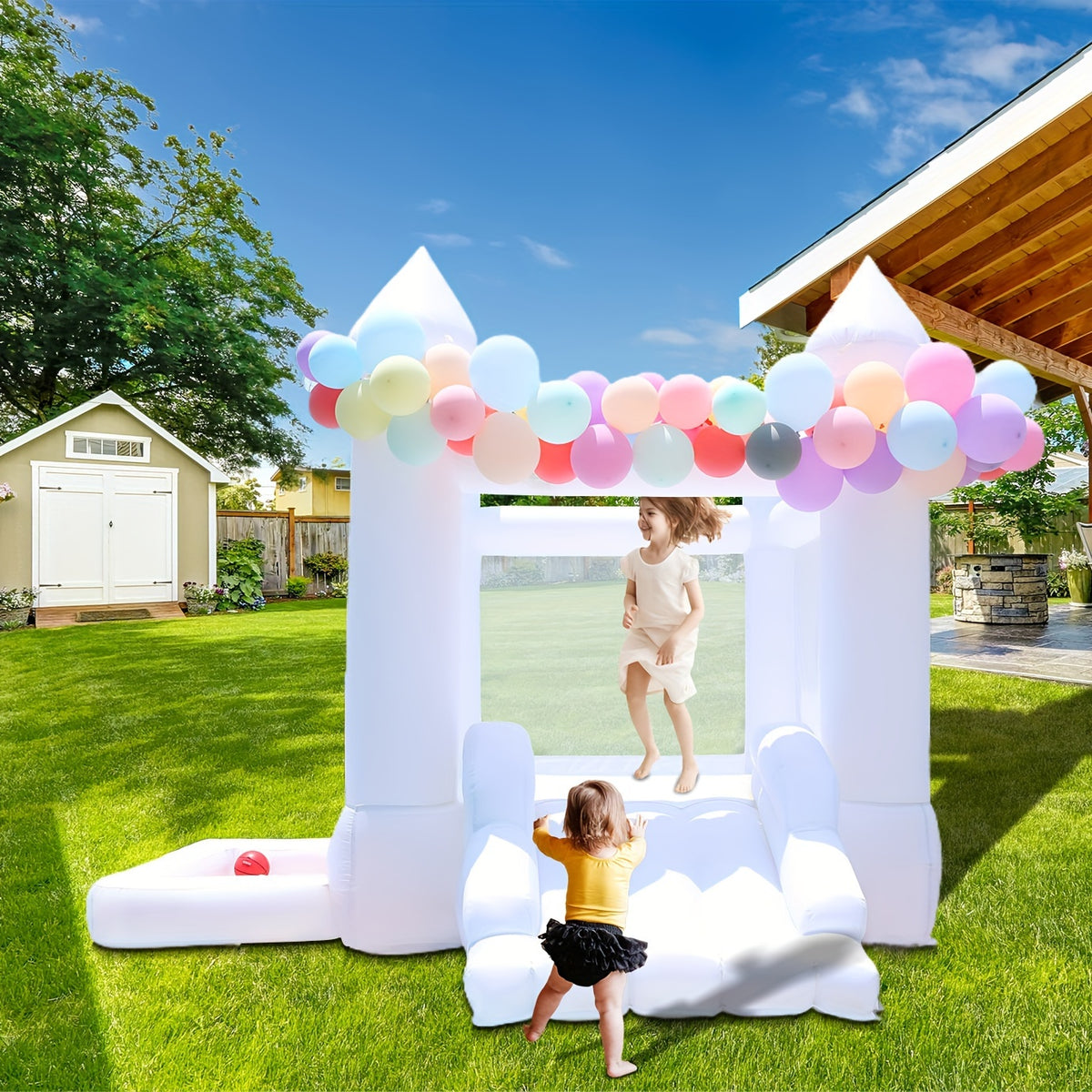White Inflatable Castle, Suitable For Both Indoor And Outdoor Use, Equipped With A Blower, Ball Pit And Slide, Easy To Install, Suitable For Various Activities And Birthday Parties, Can Play For 2-3 Children.