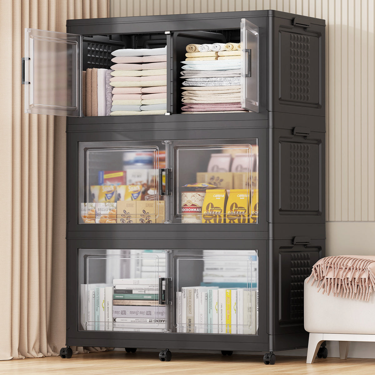 Collapsible Storage Bins with Clear Front Doors — BROVIEW V40 Stackable 3- or 4-Pack on Wheels