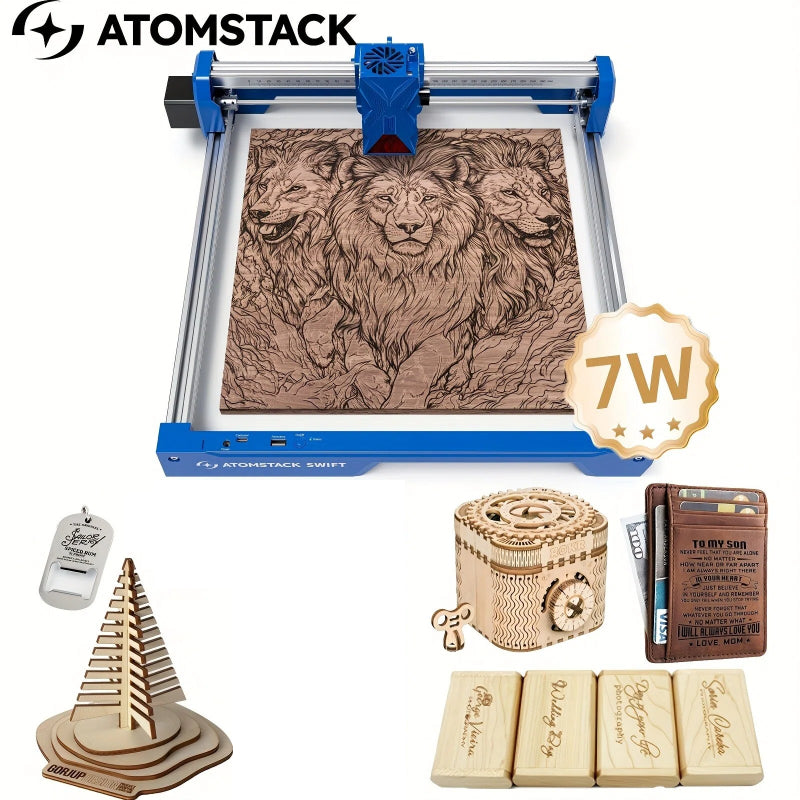 ATOMSTACK Swift Laser Engraver and Cutter Machine - 7W High Power, 300x300mm Work Area, Beginner-Friendly. AI Art Generation & Built-in Project Library, Compatible with Wood, Leather, Acrylic, Coated Metal. Perfect for Crafts, Jewelry Making