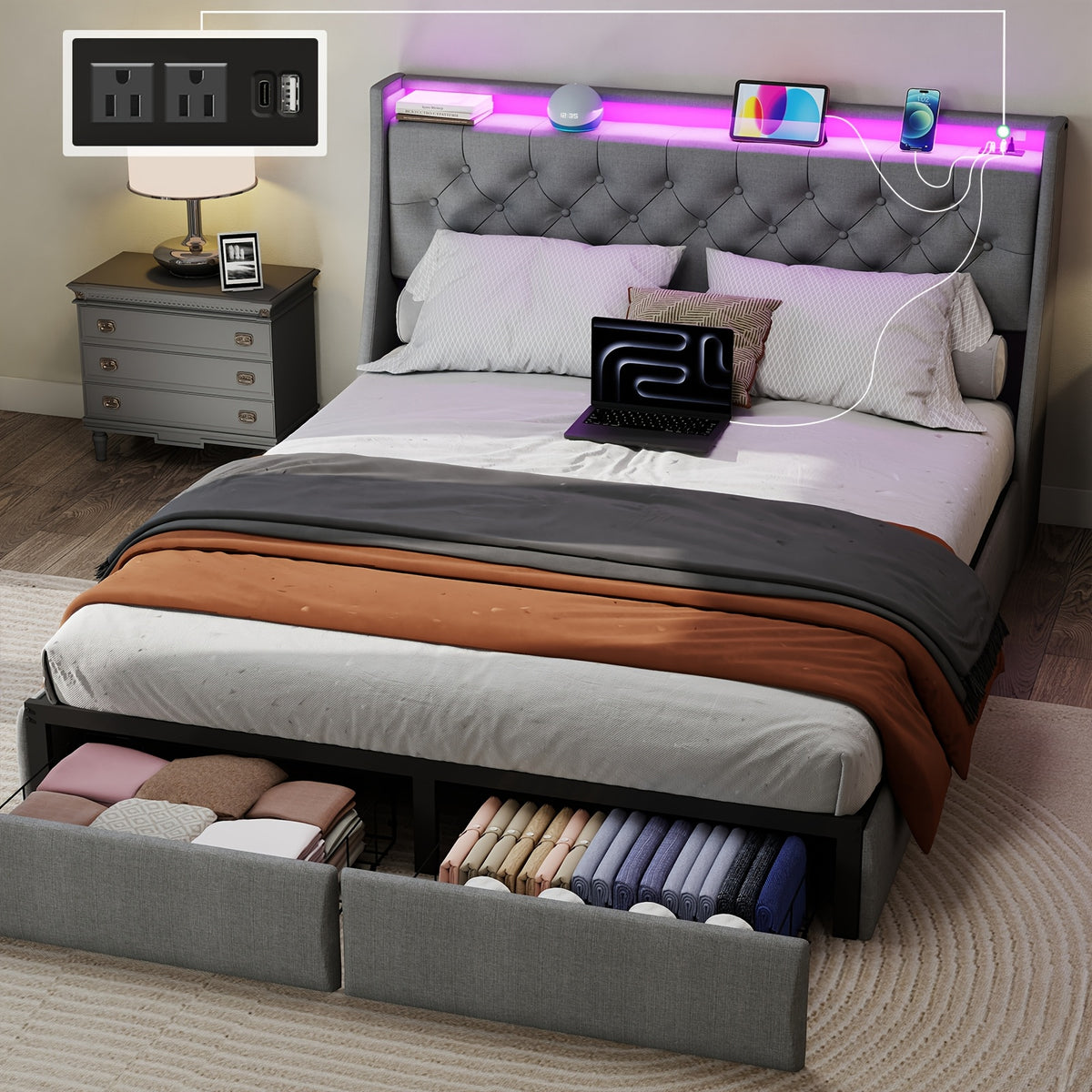 Queen Bed Frame with 2 Storage Drawers And Luxury Wingback Upholstered Button Tufted Storage Headboard, Charging Station, Storage Headboard And LED Lights/Noise-Free/Grey