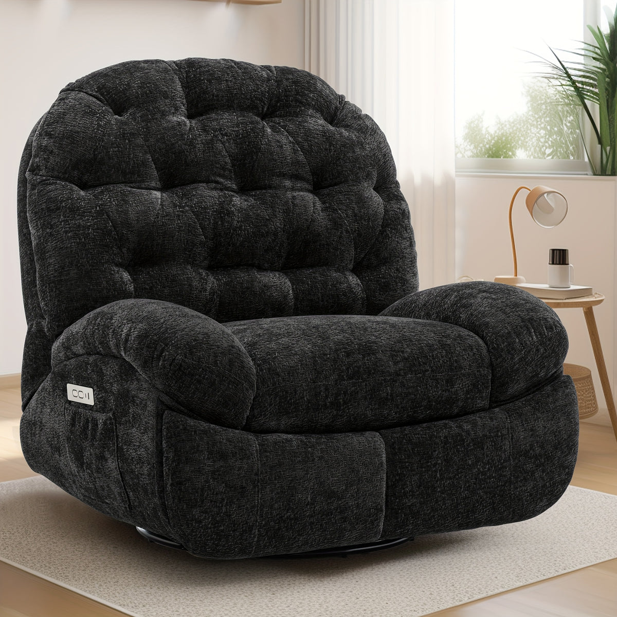 Living Room Swivel Recliner, Adult Electric Recliner with USB Ports and Side Pocket Storage, Comfortable Soft-shell Rocking Chair, Chenille Material Large-seat-width Recliner for the Living Room, Generously Wide Seating, a Fine Gift