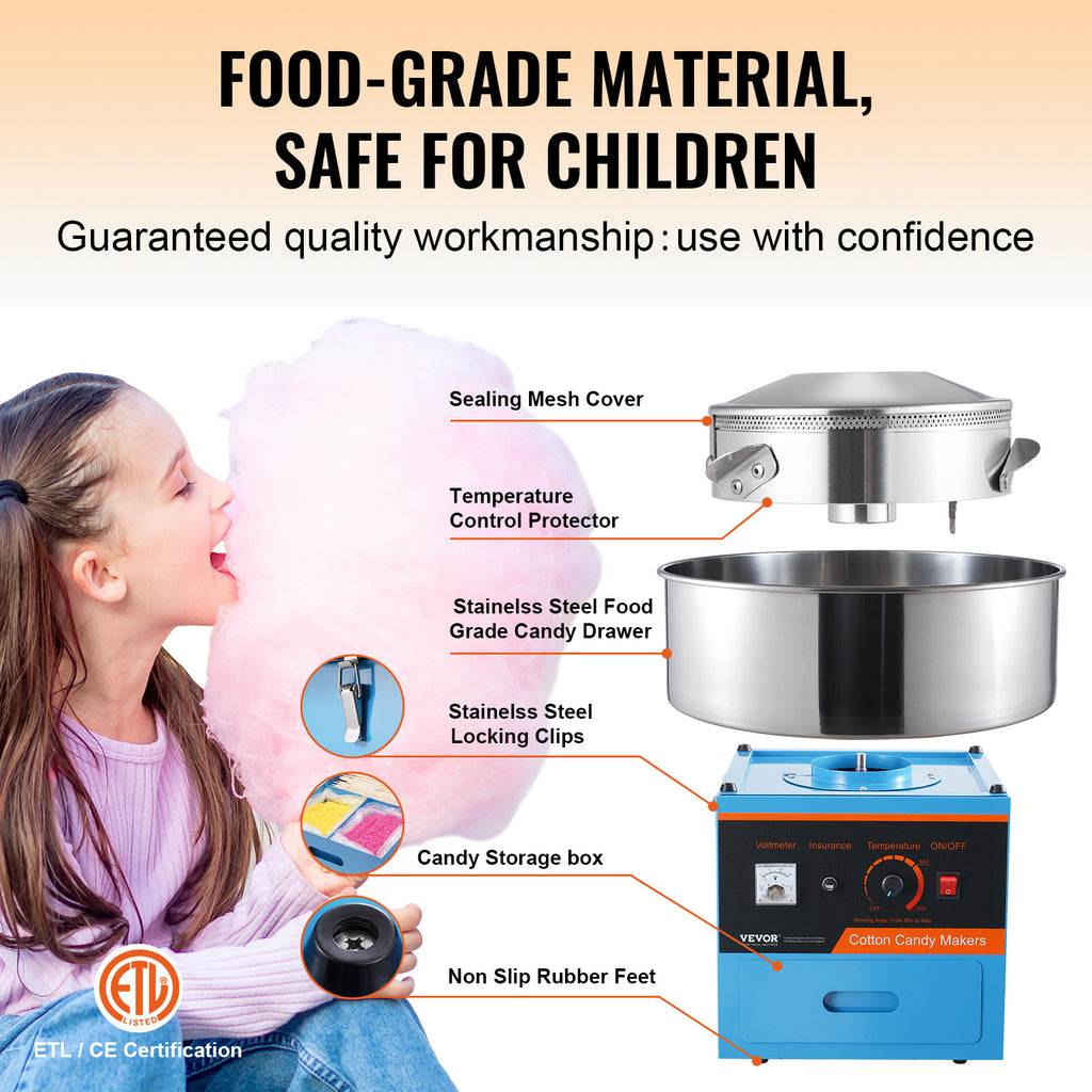 VEVOR Electric Cotton Candy Machine, Commercial Cotton Candy Machine with Stainless Steel Bowl, Sugar Scoop, and Drawer, Perfect for Home Kids Birthday, Family Party, Blue