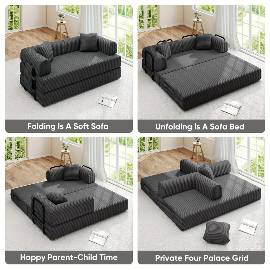 81"Convertible Floor Sleeper Sofa Bed - 3-Person Space-Saving Love Seat with Pull-Out Bed, Corduroy Boneless Compression Memory Foam, Comfy Lounge Couch for Living Room, Bedroom, Apartment, Office, No Assembly Required