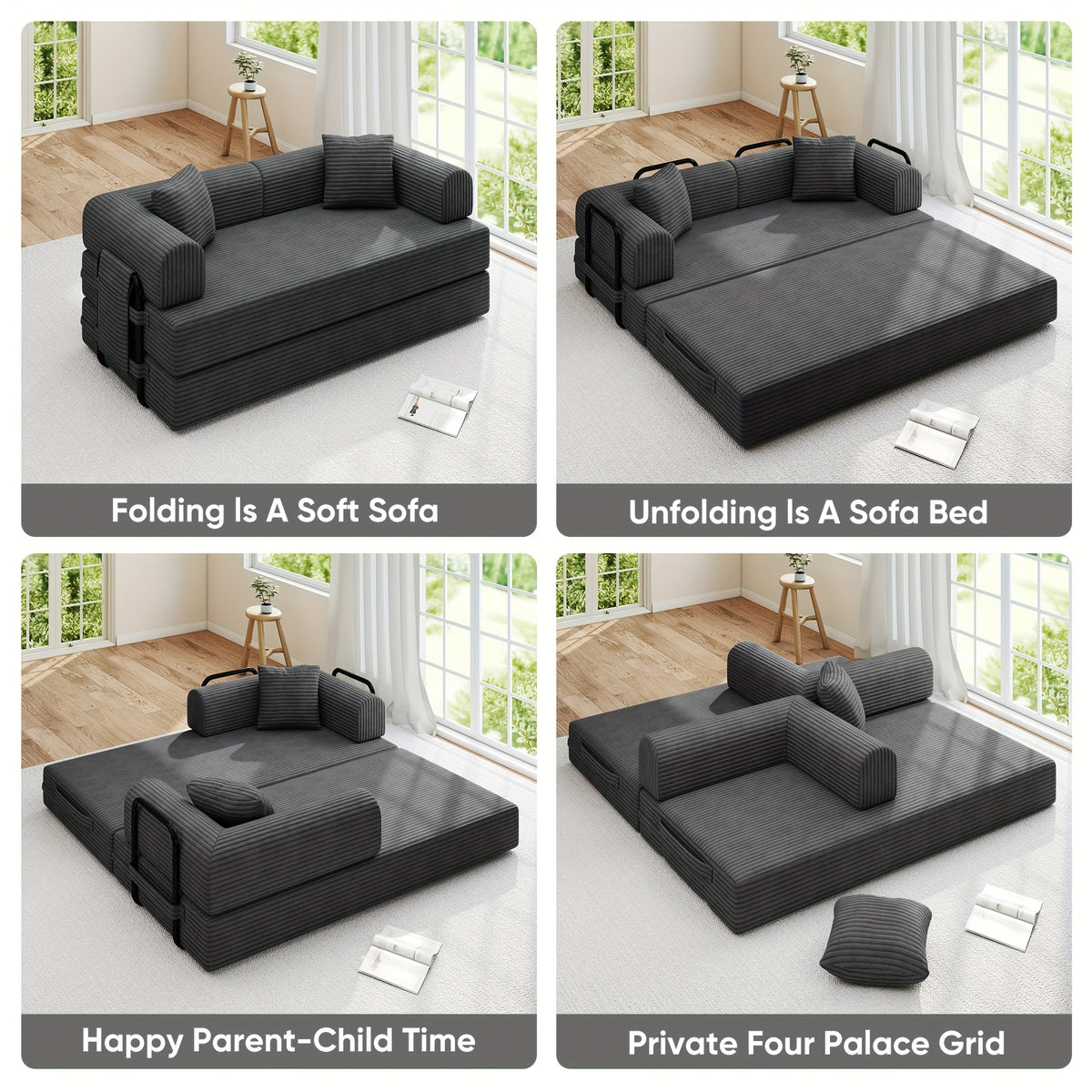 81"Convertible Floor Sleeper Sofa Bed - 3-Person Space-Saving Love Seat with Pull-Out Bed, Corduroy Boneless Compression Memory Foam, Comfy Lounge Couch for Living Room, Bedroom, Apartment, Office, No Assembly Required