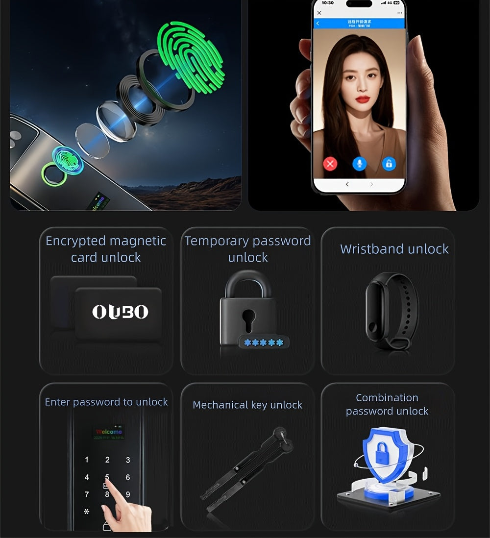 Modern AI Smart Lock with 3D Facial & Fingerprint/Palm Vein Biometric Entry, Keyless Door Lock Suitable for Home/Office, Remote Video Intercom System, Mobile App, Password/Key Entry, Smart Door Lock for Apartments