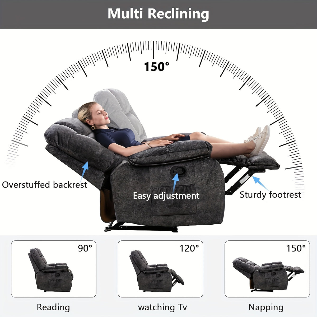 Oversized Manual Recliner Chair with Massage And Heat, Soft Fabric Reclining Single Sofa with Lumbar Heating & 8 Vibration Points, Overstuffed Lounge Chair for Living Room