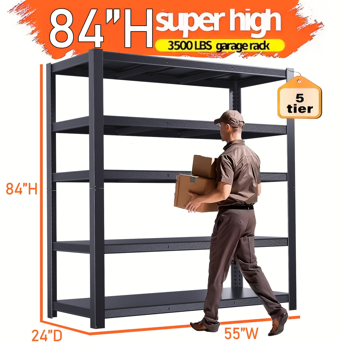 Garage Shelving Heavy Duty, 5-Tier Industrial Shelving Unit with Hooks, Adjustable Storage Shelves for Garage, Basement, Warehouse, Utility Shelves