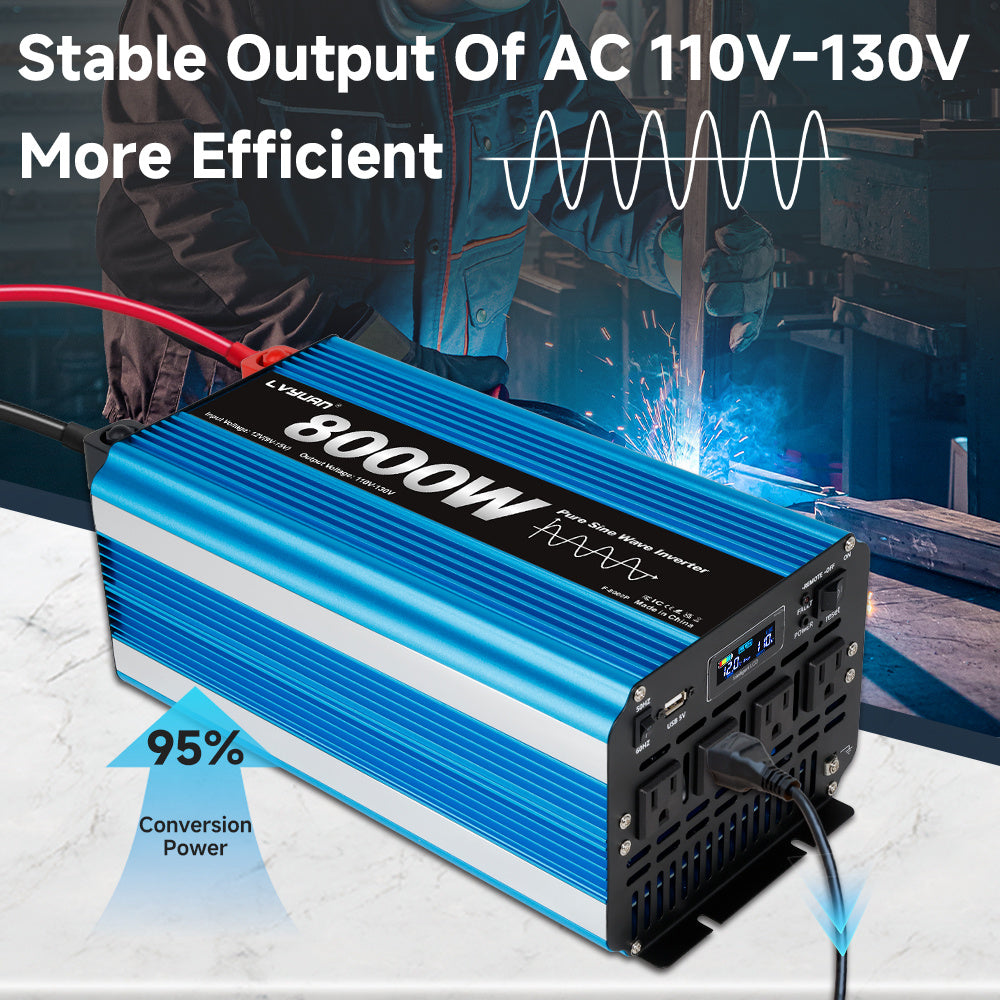 Pure Sine Wave Inverter 8000W (Peak)Car Power Inverter Efficient 12V/24V DC To 110V 120V AC With LCD Display And Remote & Troubleshooting, 4 US Sockets For Vehicles Car Chargers For Home Solar System RV Vans, Without Battery