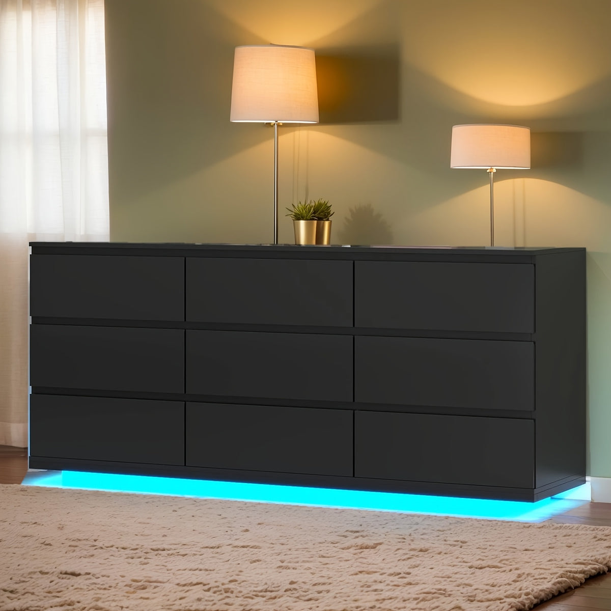 9 Drawer Dresser for Bedroom with Power Outlet & LED Lights, Modern Wide Chest of Drawer, Triple Drawer Dresser Organizer Cabinet for Living Room, Closet and Hallway