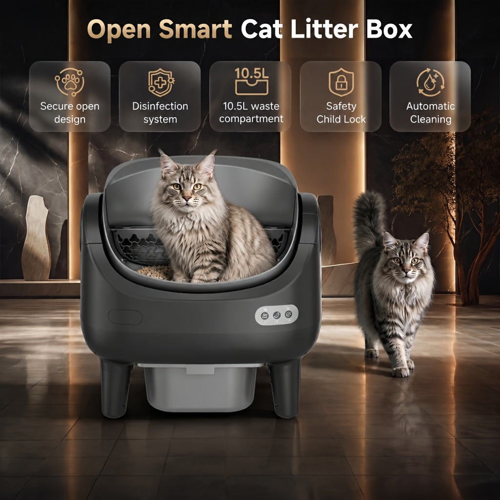 [Self-Cleaning Litter Box] Extra-Large Smart Self-Cleaning Litter Box with Built-In Sterilizing Light for Double Deodorization, Large-Capacity Waste Tray, 14-Day Automatic Cleaning, Open Design, Ideal Choice for Busy Households, Without Battery
