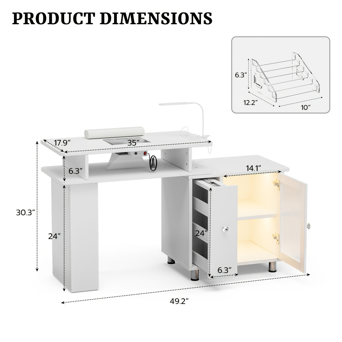 Paddie Manicure Table Nail Desk, Glass Cabinet Door Nail Table Station W/Dust Collector, Removable Acrylic Container, Cabinet And Drawer