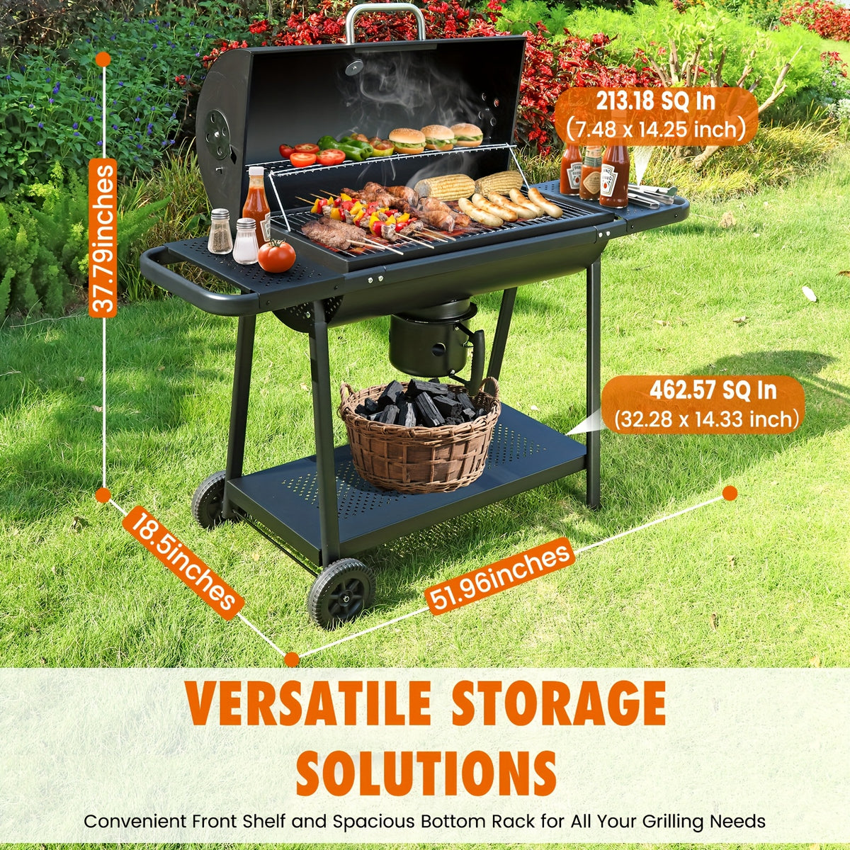 Charcoal BBQ Grills Outdoor - Barrel Charcoal Grill with Offset Smoker(Model: L)/ Outdoor BBQ Grill with Side Table(Model:M/XL-A/XL-C)for Backyard, Patio, Parties, Camping, Outdoor Cooking, Large Event Gathering, Black