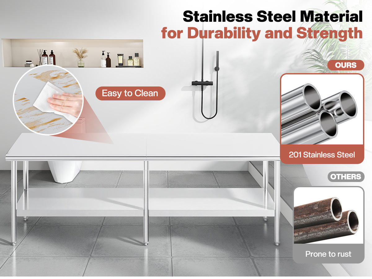 30×48–30×108 Inch Stainless Steel Commercial Work Table with Rounded Corners Adjustable Shelf And Feet for Kitchen Garage Gardening