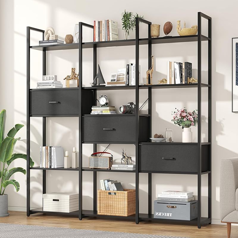 A 73.6-Inch Tall Bookshelf Featuring Three Drawers And Sixteen Storage Shelves, This Industrial Bookcase Includes Sixteen Open Display Shelves, Making It a Spacious Etagere Bookshelf, Perfect for Home And Office Use, in White