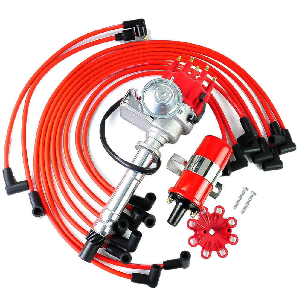 HEI Distributor Small Cap For Chevy 327 And 350 with Red Coil And 8.5Mm Wires Positioned Beneath The Exhaust