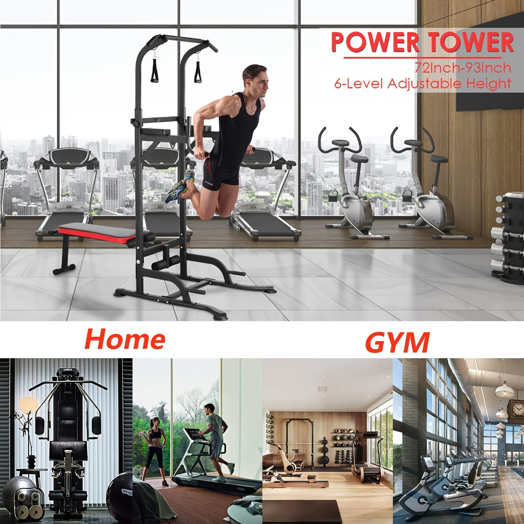 Power Tower With Bench Height Adjustable Pull Up Bar Stand Dip Station With Folding Weight Bench And 4 Ropes, 400lbs, For Home And Gym