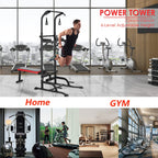 Power Tower With Bench Height Adjustable Pull Up Bar Stand Dip Station With Folding Weight Bench And 4 Ropes, 400lbs, For Home And Gym