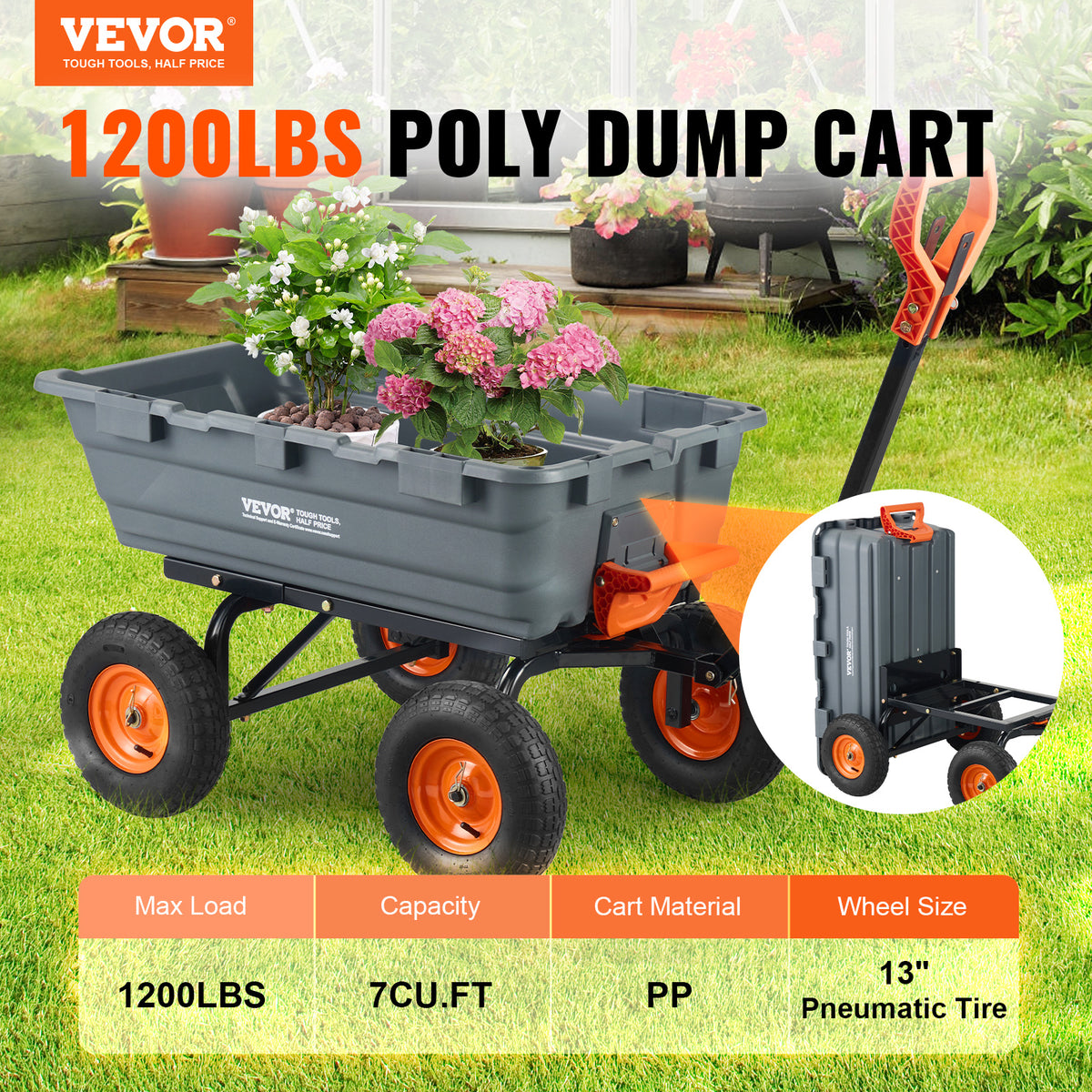 Garden Dump Cart – VEVOR 6.48 cu. ft. Yard Wagon for Heavy Loads and Tractor or Lawnmower Towing