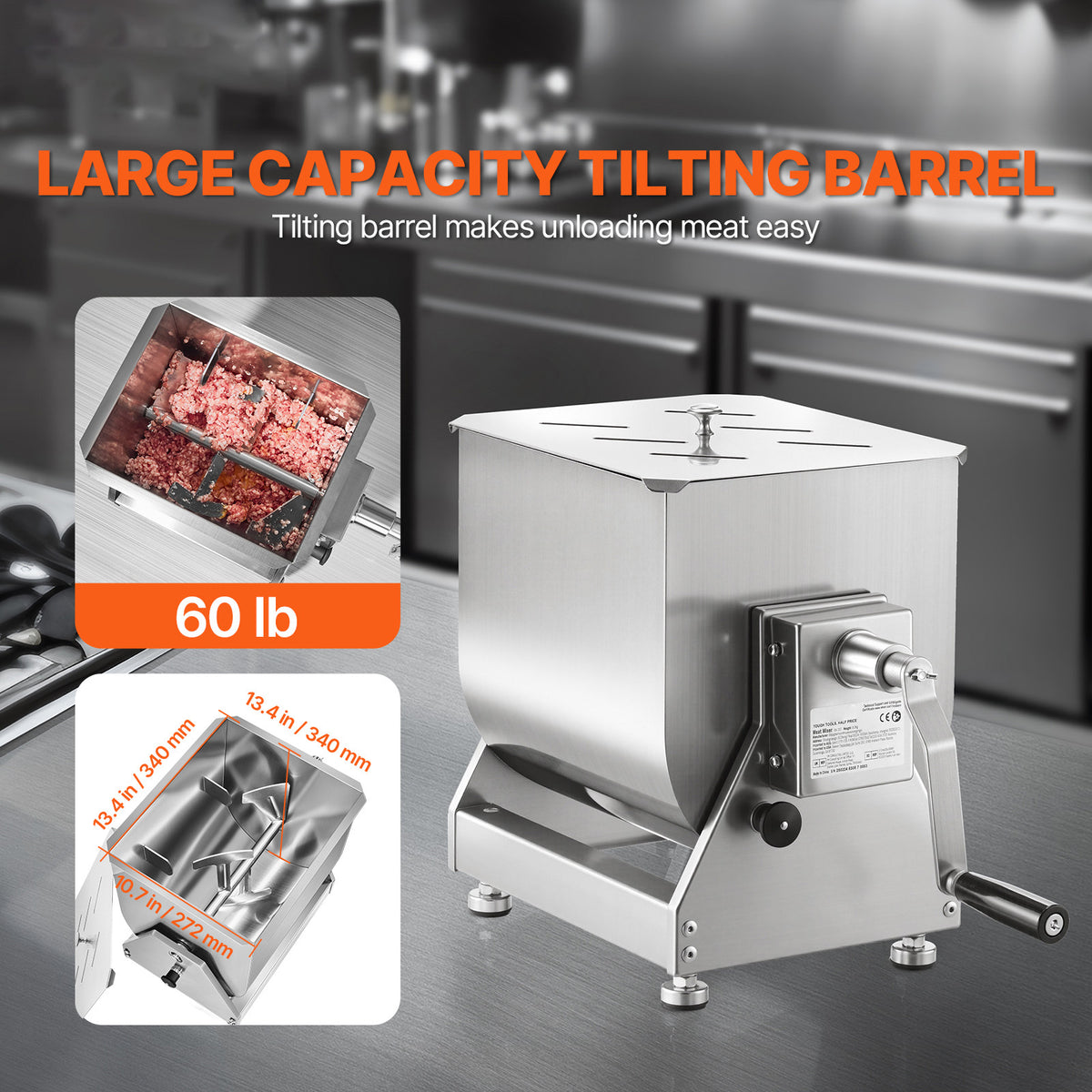VEVOR Manual Meat Mixer 10L/20L/30L/40L Fixed Tank Mixing Max 60LB for Meat Sausage Mixer, Non-tiltable style/Tiltable style