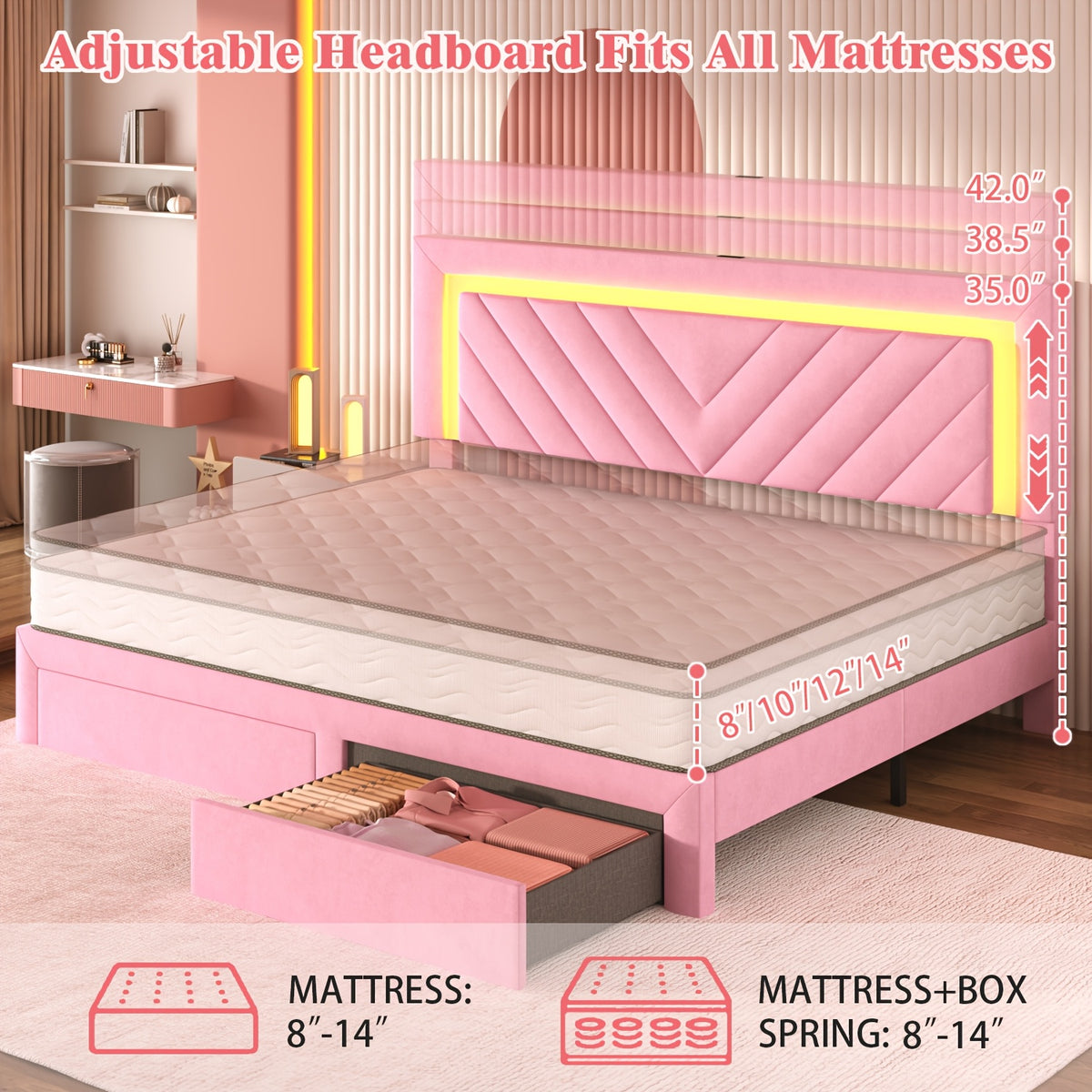 Pink Bed Frame with LED Headboard and Charging Station, 2 Storage Drawers, No Box Spring Needed, Noise Free