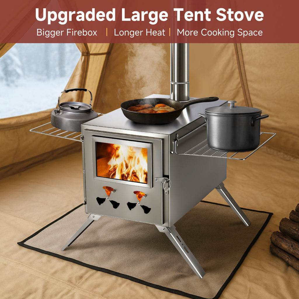Hot Tent Stove, Camping Wood Stove for Tent, Portable Stainless Steel Wood Burning Stove with 7 Chimney Pipes for Wall Tent Camping, Cooking, Ice Fishing, Hunting, Boiling Water - Large