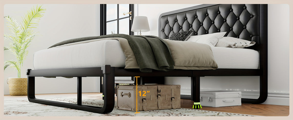 Sturdy Platform Bed Frame Featuring a Button-Tufted Headboard in Black Faux Leather Or Dark Grey Linen, Offering 12 Inches of Storage Space