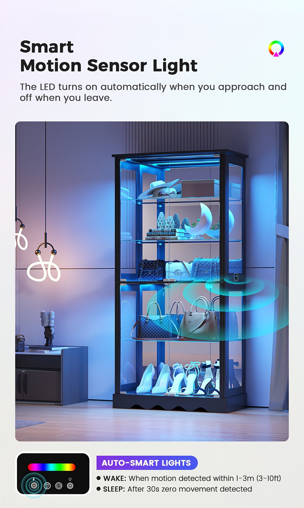 Display Cabinet with Glass Doors, 71'' Tall Curio Cabinet with RGB Lights for Collectibles, LED Display Case with Removable Shelf for Book/Medal/Figure, Black And White