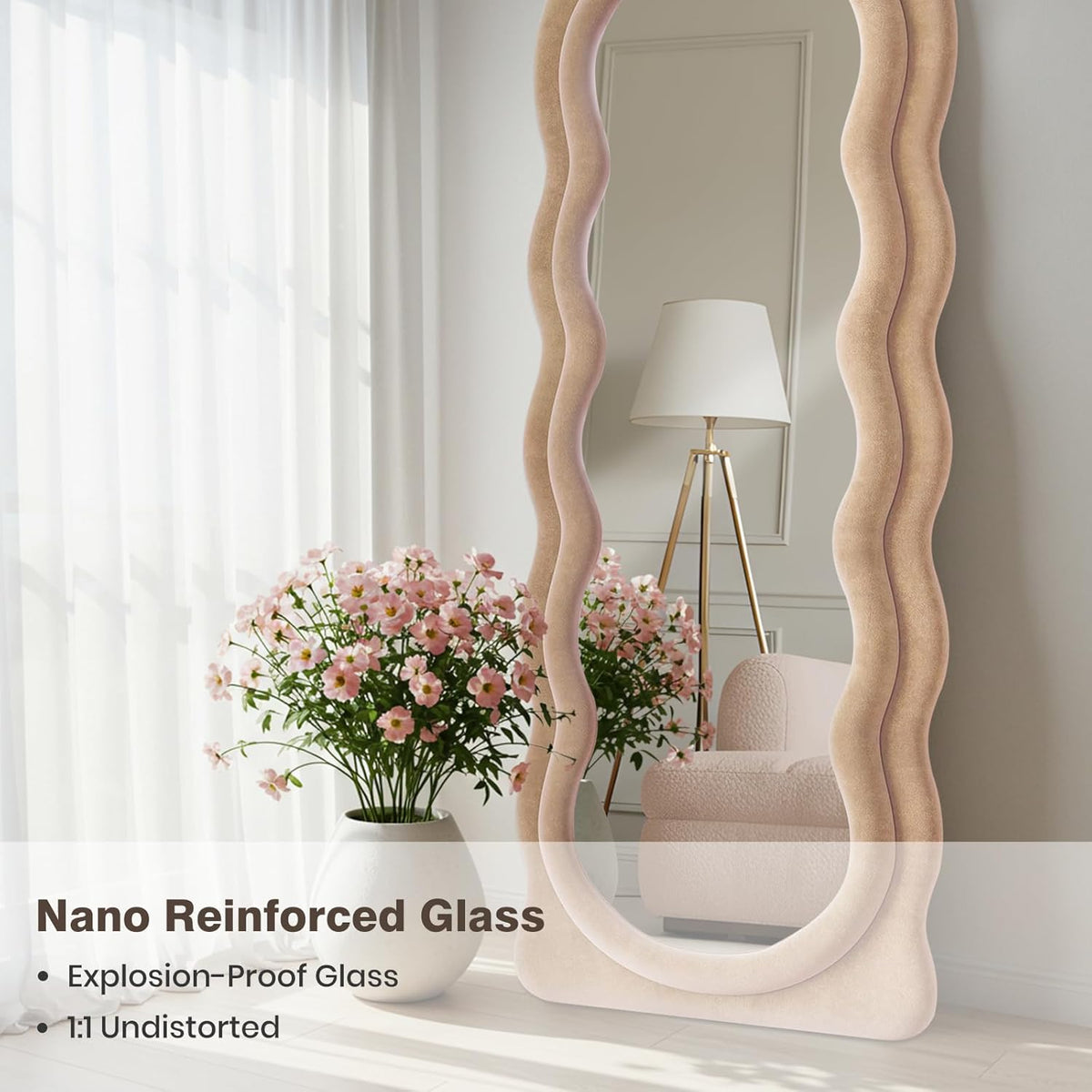 63"x24" Large Arched Full Body Mirror with Hot Pink Flannel Wrapped Frame & Stable Stand - Contemporary Floor Standing or Wall-Mounted/Leaning Mirror for Bedroom, Dressing Room, Entryway - No Electrical Required, Durable Construction