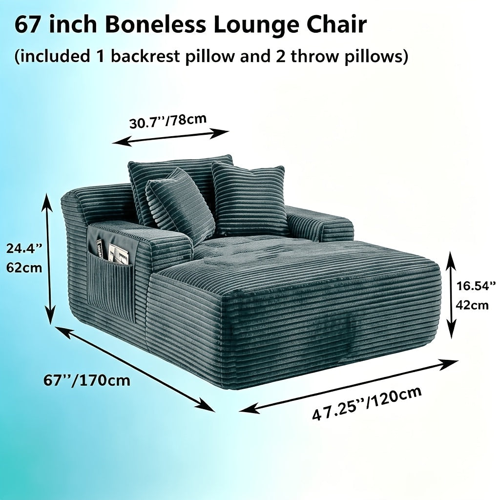67" Chaise Lounge Chair Indoor, Oversized Boneless Lounge Chair With 3 Pillows, Flannel Cloud Reading Chair For Living Room Bedroom, Deep Seat Sleeper Couch, No Assembly Required