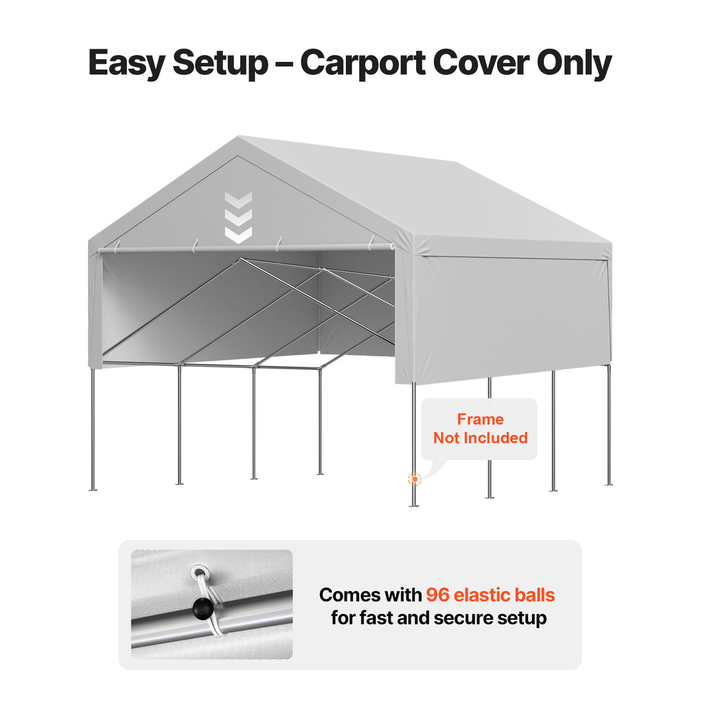 VEVOR Carport Replacement Canopy, 10 x 20 ft / 12 x 20 ft / 13 x 20 ft / 20 x 20 ft Potable Garage Tent Top Tarp with Sidewalls, UV-Resistant & Waterproof, Heavy Duty Car Shelter Tarp with Ball Buggees, Beige / Grey, Frame Not Included