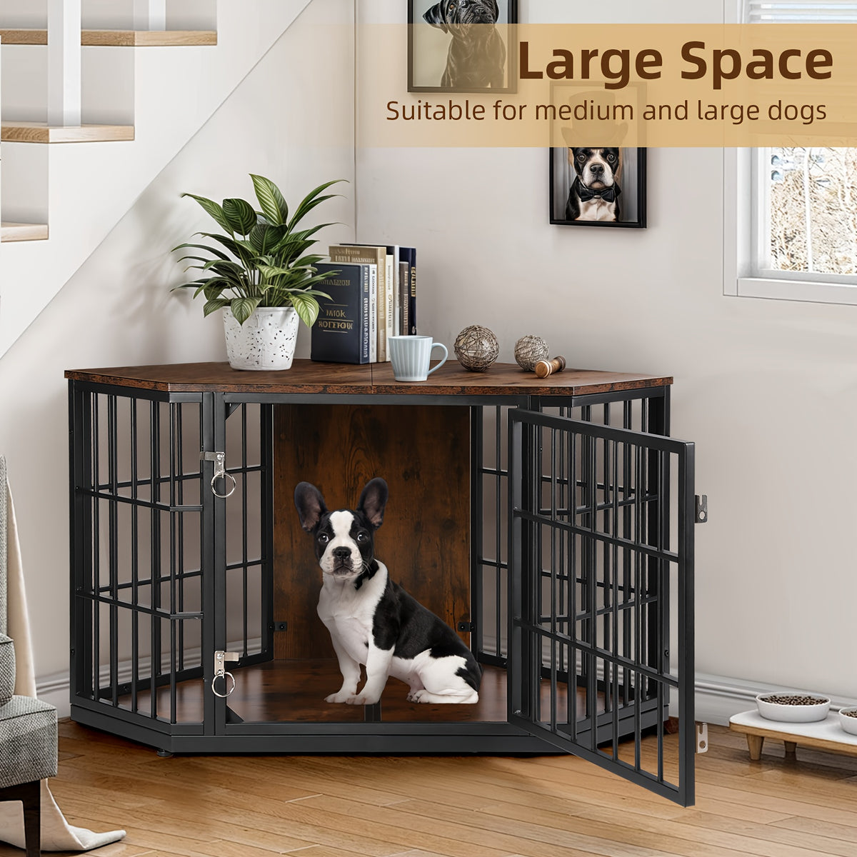 47"/52" Heavy Duty Corner Dog Crate Furniture - Rustic Brown Wooden Dog Cage with Double Sturdy Locks, Space-Saving Indoor Kennel & Side Table for Medium Dogs, Multi-Functional Pet House with Cushioned Floor & Decorative Top