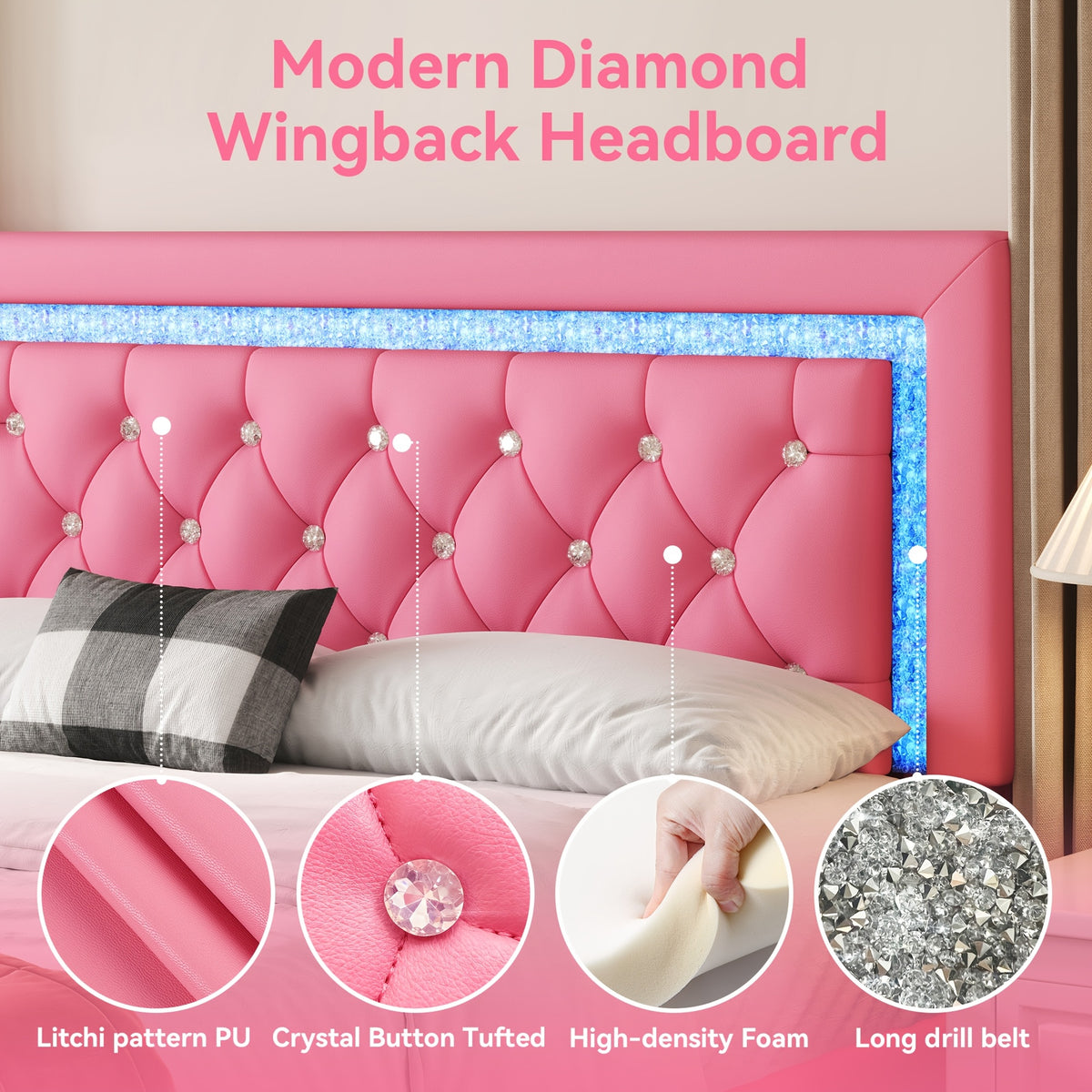 MRAEER Diamond Quilted Velvet Silent Full/Queen Bed Frame | LED Lights, Diamond Quilted Footboard, Adjustable Headboard, No Mattress Required, Easy Assembly, Available in Pink/White/Black, Powered, Contemporary Style, Christmas Gift