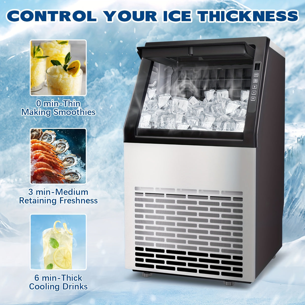 110 Lbs/24H Commercial Ice Maker, 36 Cubes/11mins, 13 Lbs Ice Storage Capacity, Counter Ice Maker Self Cleaning, 24 Hour Timer Stainless Steel Freestanding Ice Maker Machine