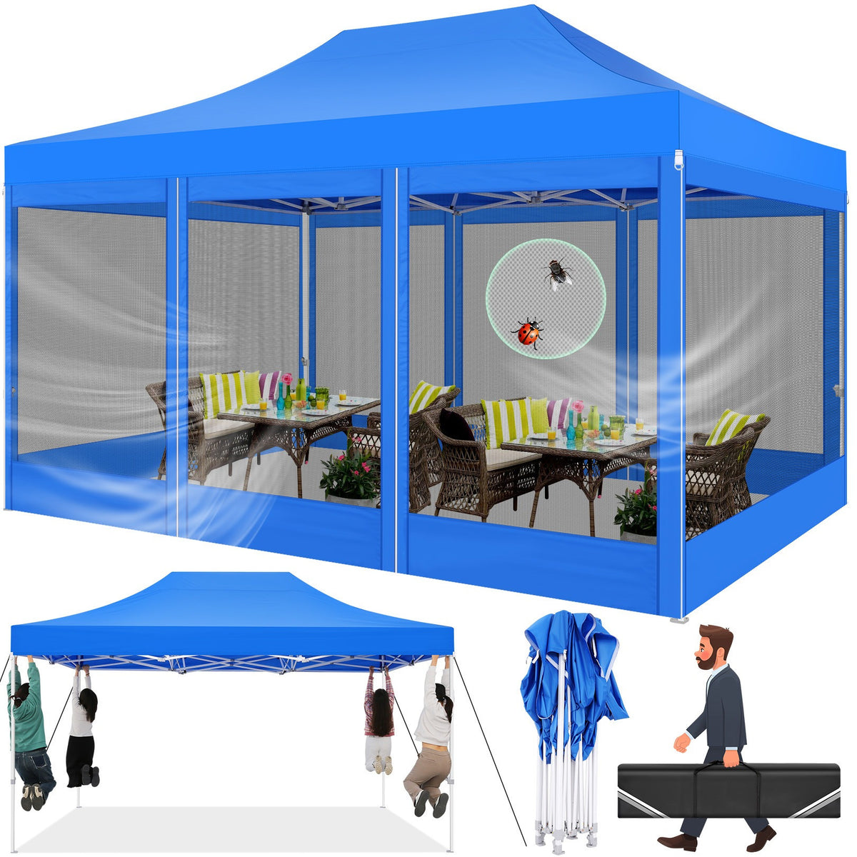 Hoteel 10x15 Heavy Duty Pop Up Canopy Tent with 4 Sidewalls, Commercial Gazebo Party Tent with Mosquito Netting Wall Easy Up Outdoor Instant Screen Tent for Backyard, Beach, Patio, Garden