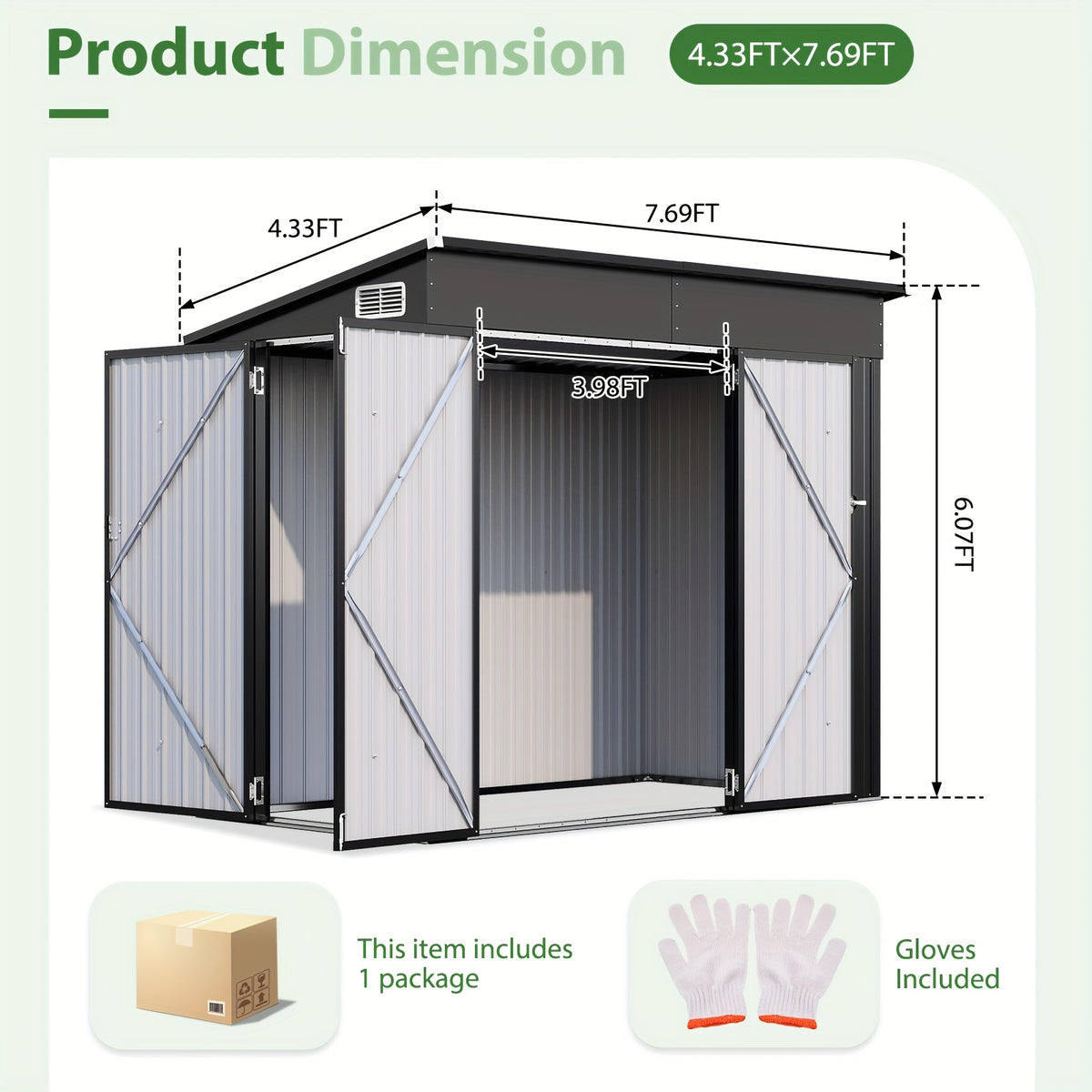 Outdoor Storage Shed, 4 x 8 Ft—Lockable Triple-Door Access and a Sloped Roof for Tools, Bikes and Patio Gear