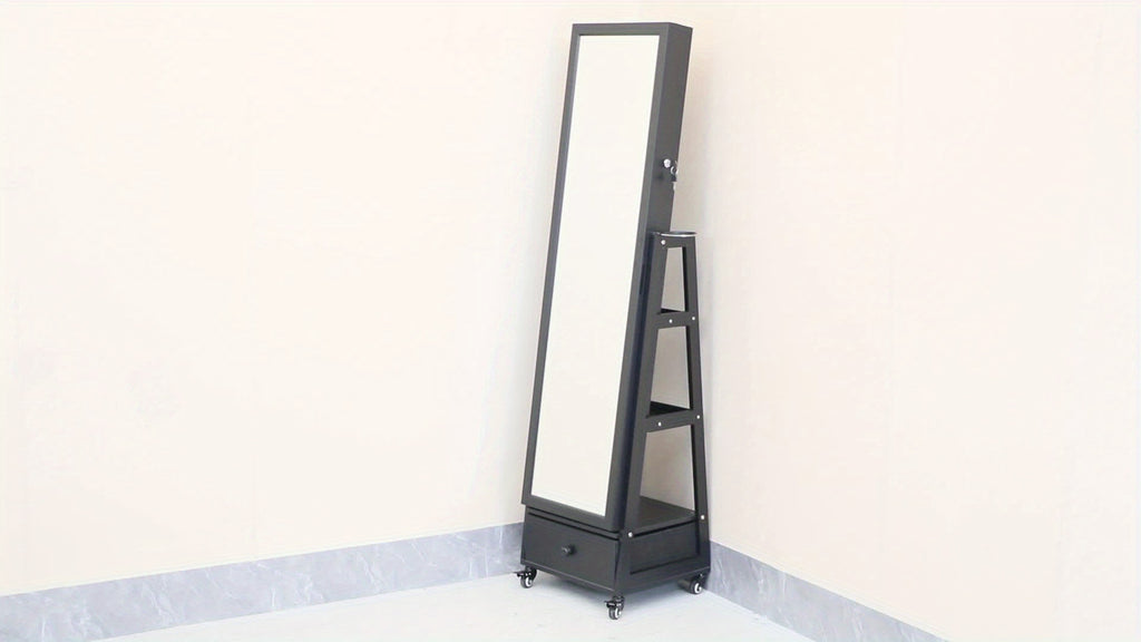 Mirror with Storage Jewelry Cabinet Standing Lockable Jewelry Organizer with Full-Length Mirror Storage Shelves Interior LED Mirror Jewelry Armoire with Wheels Hair Dryer Holder Christmas Gift, Jewelry Armoires