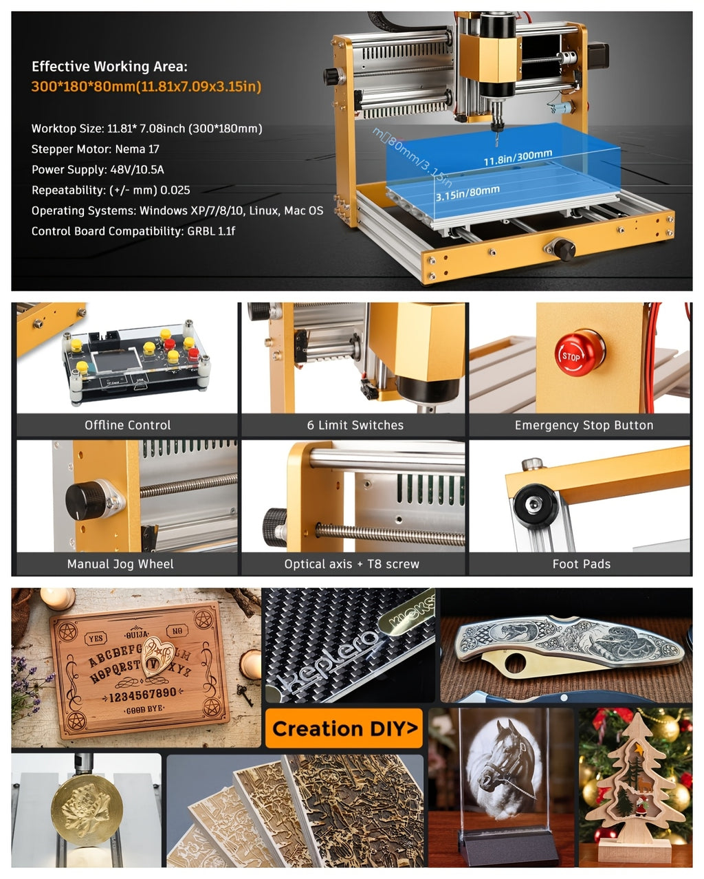 LUNYEE 500W All Metal CNC Machine, 3018 Pro Max CNC Wood Router Machine, 3-Axis Metal Milling Machine for Cutting Wood, Acrylic, PCB Plastic, Working Area: 300 X 180 X 80mm