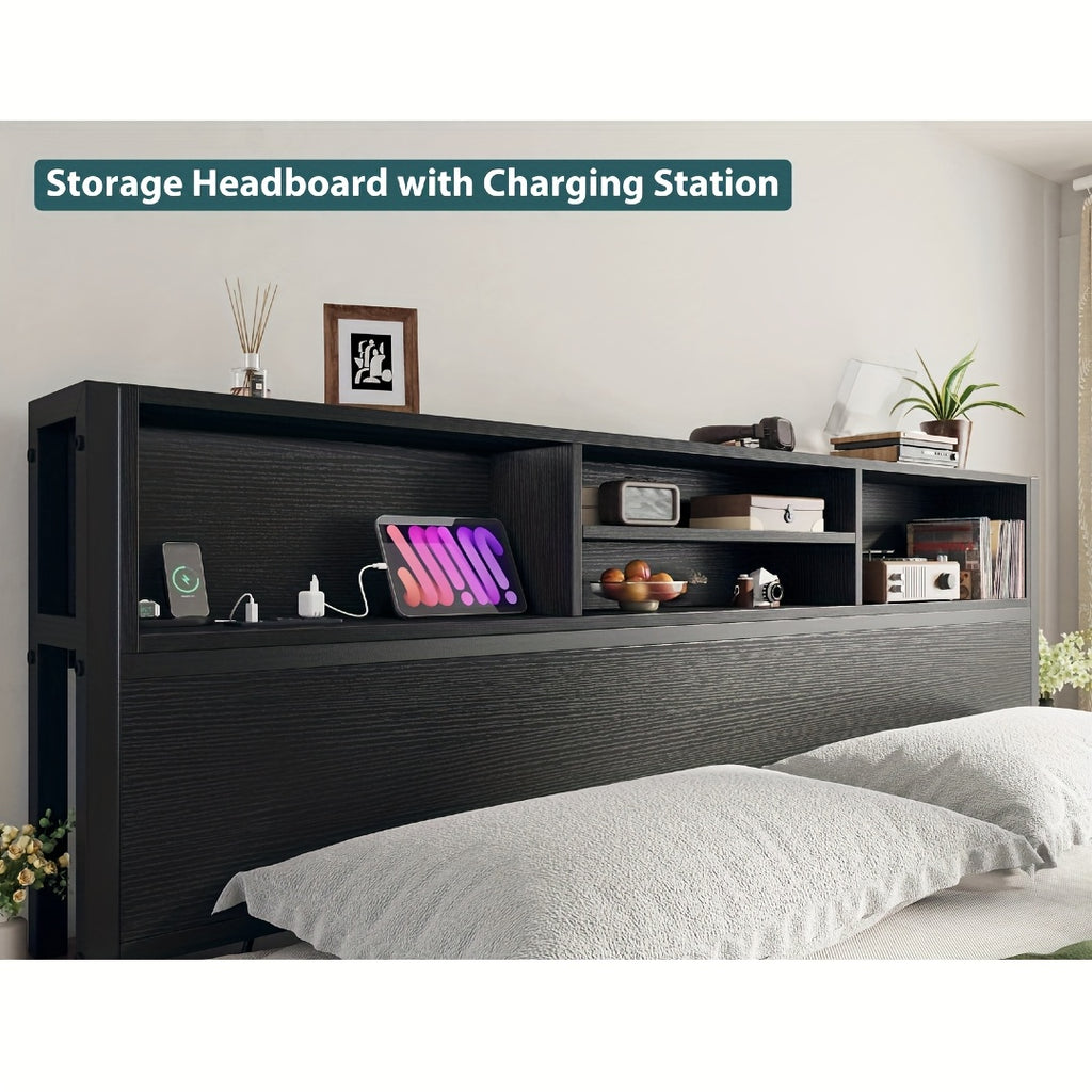 Queen/King Size Bed Frame with 6 Storage Large Drawers Forbedroom, Modern Bed Frame And Open Storage Headboard with Fast Charging Station, No Noise, No Box Springs Needed, Black, Easy Assembly, 2pcs Nightstand with 4 Fabric Drawer Sold Separately