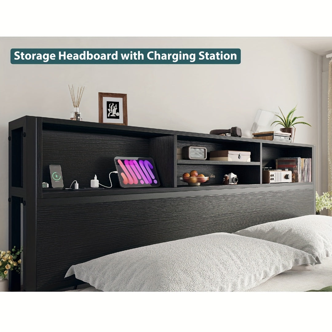 Queen/King Size Bed Frame with 6 Storage Large Drawers Forbedroom, Modern Bed Frame And Open Storage Headboard with Fast Charging Station, No Noise, No Box Springs Needed, Black, Easy Assembly, 2pcs Nightstand with 4 Fabric Drawer Sold Separately