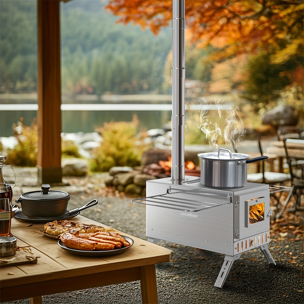 Portable Heavy-Duty Stainless Wood Burning Camp Stove - Outdoor Tent & Backyard Fire Pit with 7 Chimney Pipes, Ash Tool, Carry Bag & Ground Stakes - Adjustable Height, Fire-Resistant Window, Coal/Charcoal Compatible for Winter