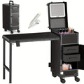 [Portable Foldable Nail Desk] Rolling Portable Manicure Table With Drawers, Mirror And Nail Polish Organizer, Lockable Makeup Train Case, Foldable Nail Desk, Bonus 3pcs Eyebrow Razors
