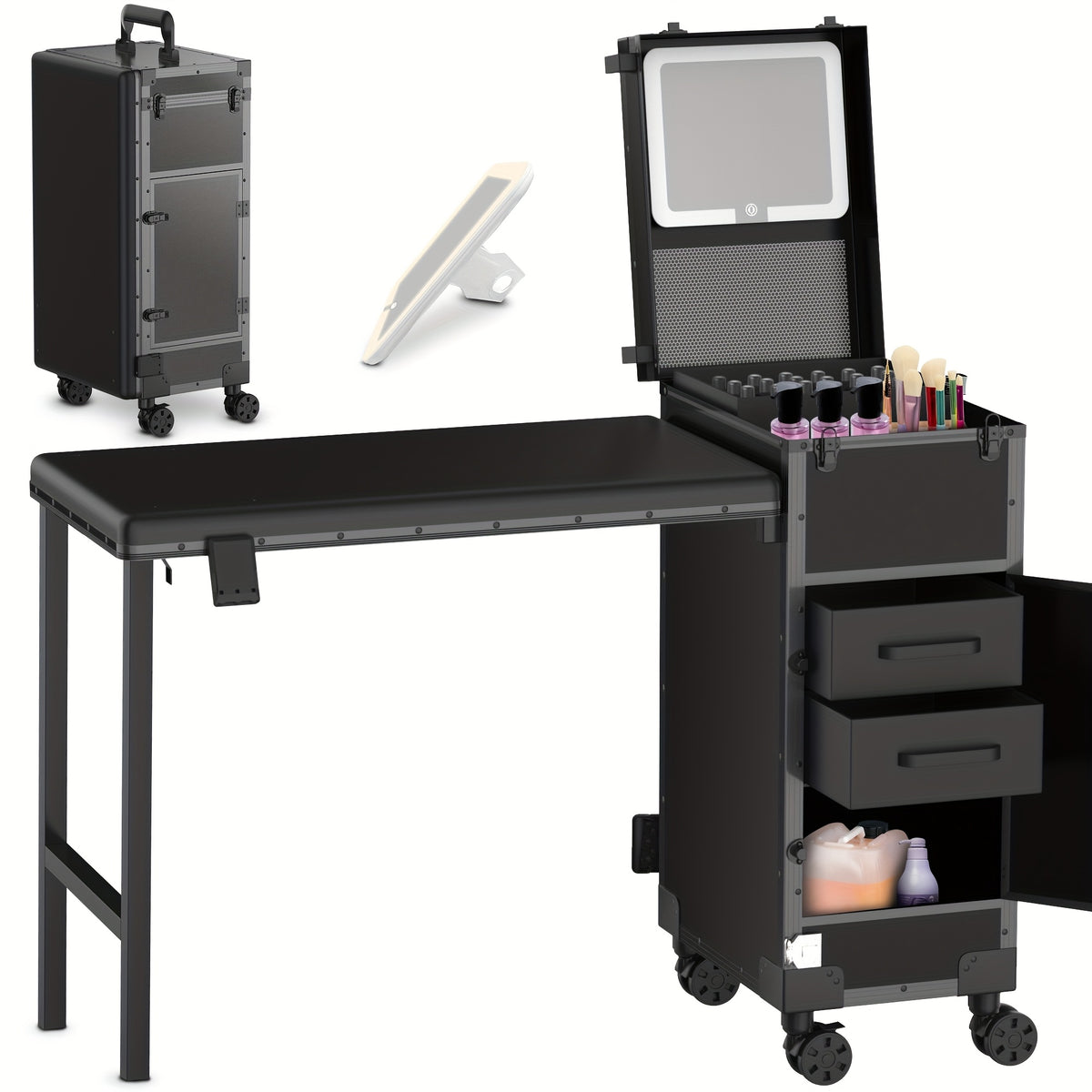 [Portable Foldable Nail Desk] Rolling Portable Manicure Table With Drawers, Mirror And Nail Polish Organizer, Lockable Makeup Train Case, Foldable Nail Desk, Bonus 3pcs Eyebrow Razors