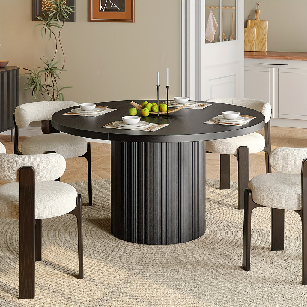 47 Inch Round Dining Table for 4, Circle Kitchen Table with Wood Strip Base, Modern Farmhouse Dinner Tables for Kitchen, Living Room Walnut/Black