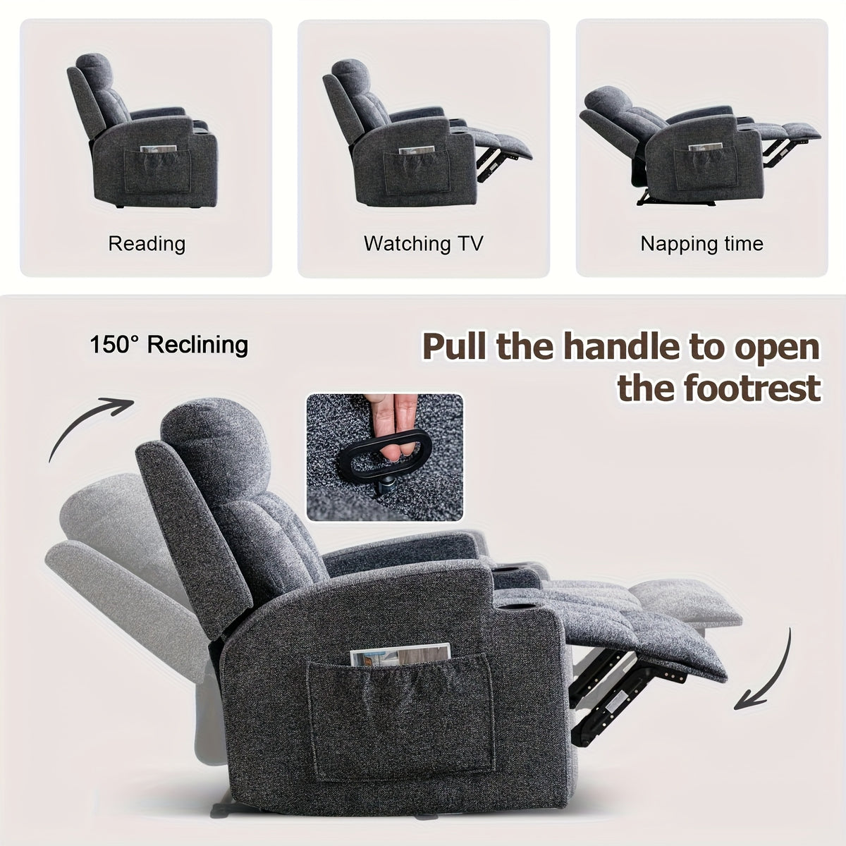 Manual Recliner Chair with Massage And Heat Ergonomic Overstuffed Breathable Fabric Reclining Chair with 2 Side Pockets, 2 Cup Holders, Remote Control, for Game & Recreation Room Furniture